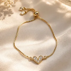 Authentic Gold Plated Adjustable Slider Chain Bracelet Pavé Heart Dangle Crystal Charm