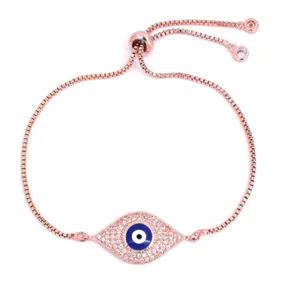 Authentic Micro Paved CZ Gold Plated 9" Good Luck Round Evil Eye Bracelet Link Chain TH1