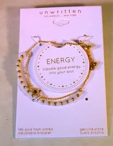 Authentic unwritten 2 row 14k gold plated quartz beads & evil eye charm slider bracelet 8"