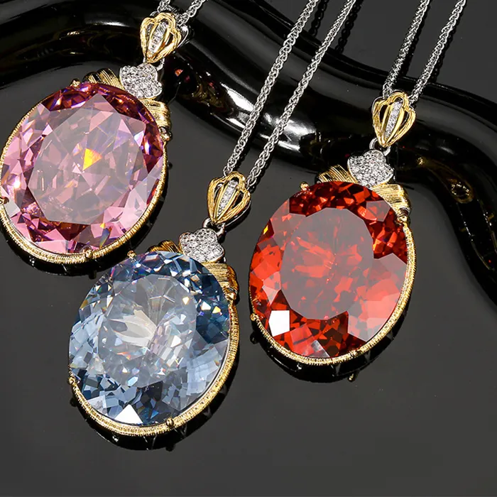Authentic Hundred Cut Oval Pendant Necklace Sparkling 25*30mm Big Egg 5A Grade Stone with 55cm Neck Chain Jewelry Accessories