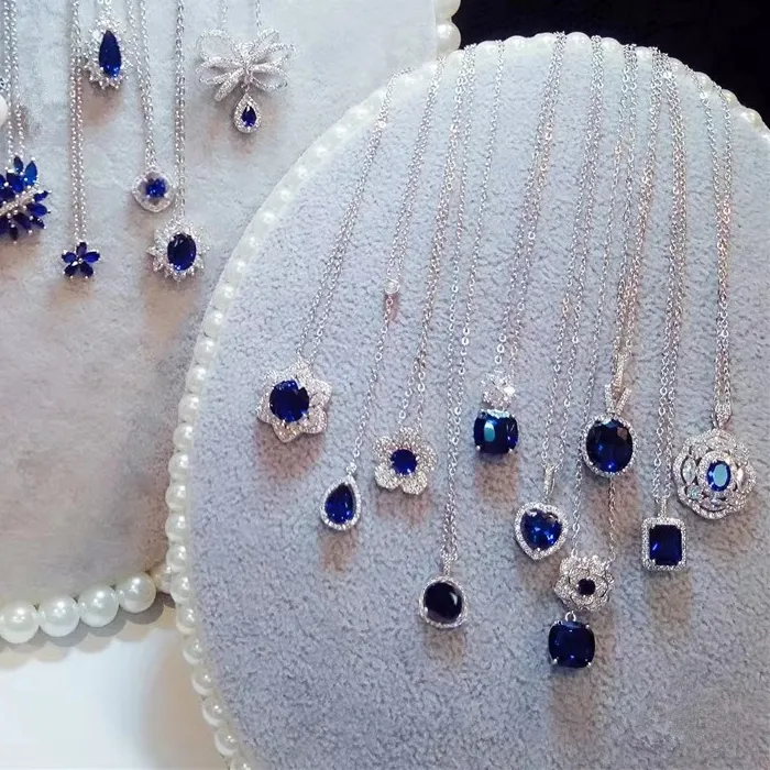 Authentic Necklace Pendants For Women Chain Created Sapphire Gemstone Fine Jewelry Simple Pendant Accessories Blue Colar Party