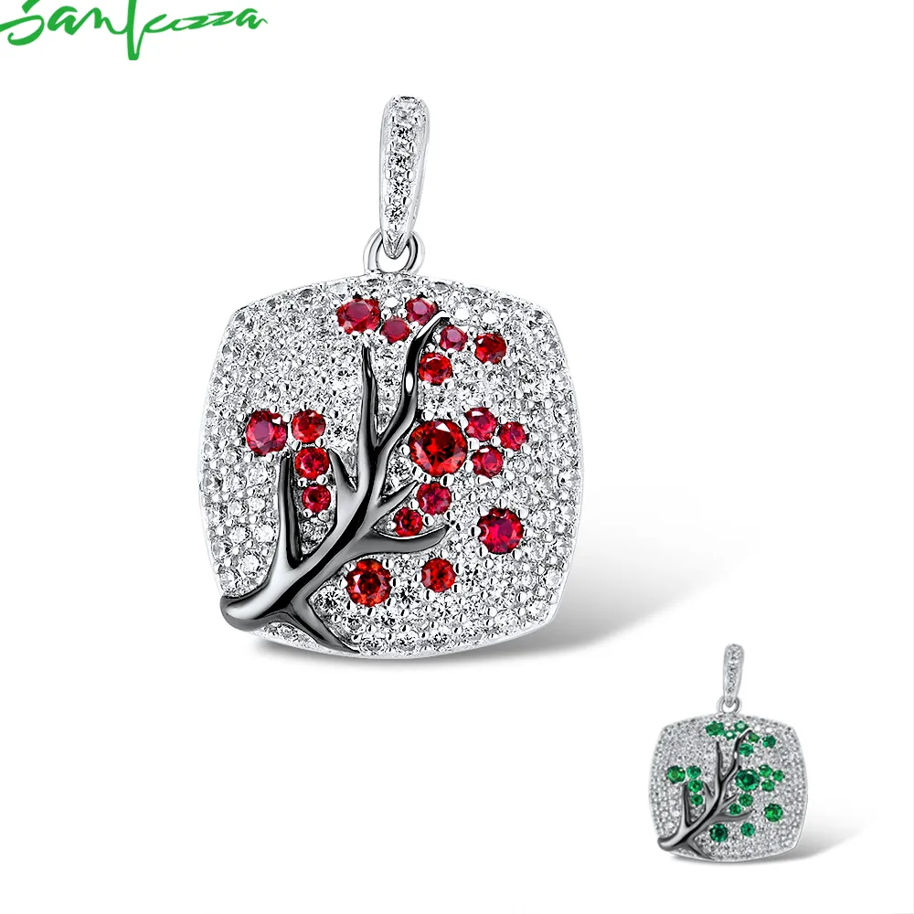 Authentic SANTUZZA 925 Sterling Silver Pendant For Women Sparkling Pink Green Cherry Tree Delicate подвеска кулон Fine Jewelry