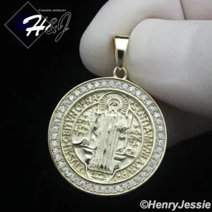 Authentic MEN 925 STERLING SILVER ICY CZ GOLD PLATED SAINT ST BENEDICT ROUND PENDANT*GP454