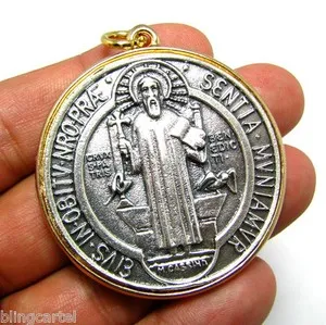 Authentic Medalla De San Benito St Benedict Large 48MM Italy Two Tone Gold Plated Pendant