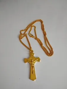 Authentic 2" St Benedict Medal Crucifix necklace 14k Gold plated curb link chain