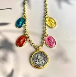 Authentic Gold Plated St Benedict And Virgin Mary Multicolored Pendants Retro Necklace