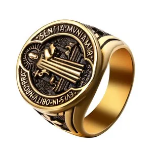 Authentic Men's Saint Benedict Medal Ring Gold Plated Catholic Signet Ring
