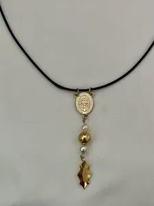 Authentic Pendant 14k Gold Plated St. Benedict Religious Pendant On Black Leather Cord