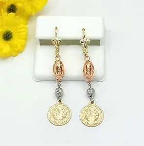 Authentic Tri Color Gold Plated Saint Benedict double sided medal Earrings. San Benito