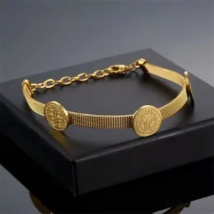 Authentic The Benedictine Radiance: 18k Gold-Plated Sacred Protection Mesh Bracelet