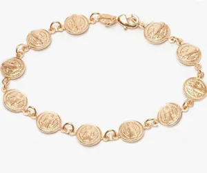 Authentic Gold Plated Religious 7,5" Bracelet with Saint Benedict Coins