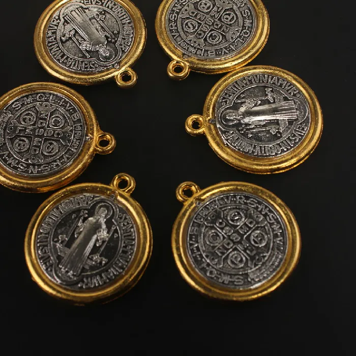 Authentic 6Pcs 3D Silver Plated Gold Color Wrapped Edge Saint Benedict Exorcist Pendant Diy Charms Necklace Jewelry Crafts Making