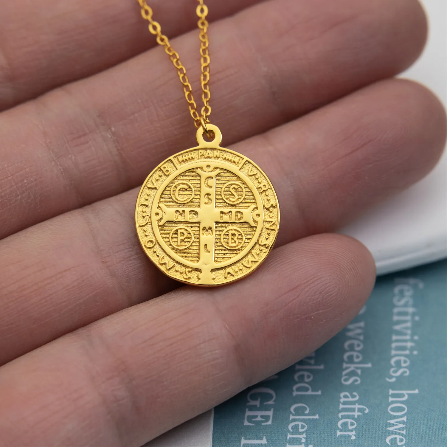 Authentic Gold Color Sterling Silver 925 San Benito Medal Round Pendant Necklace for Girls Women Lady Religious Saint Benedict Exorcism