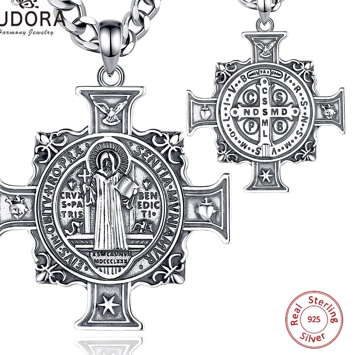Authentic Eudora 925 Sterling Silver Saint Benedict Medal Necklace San Benito Cross Pendant Religious Jewelry Catholic for Men Women