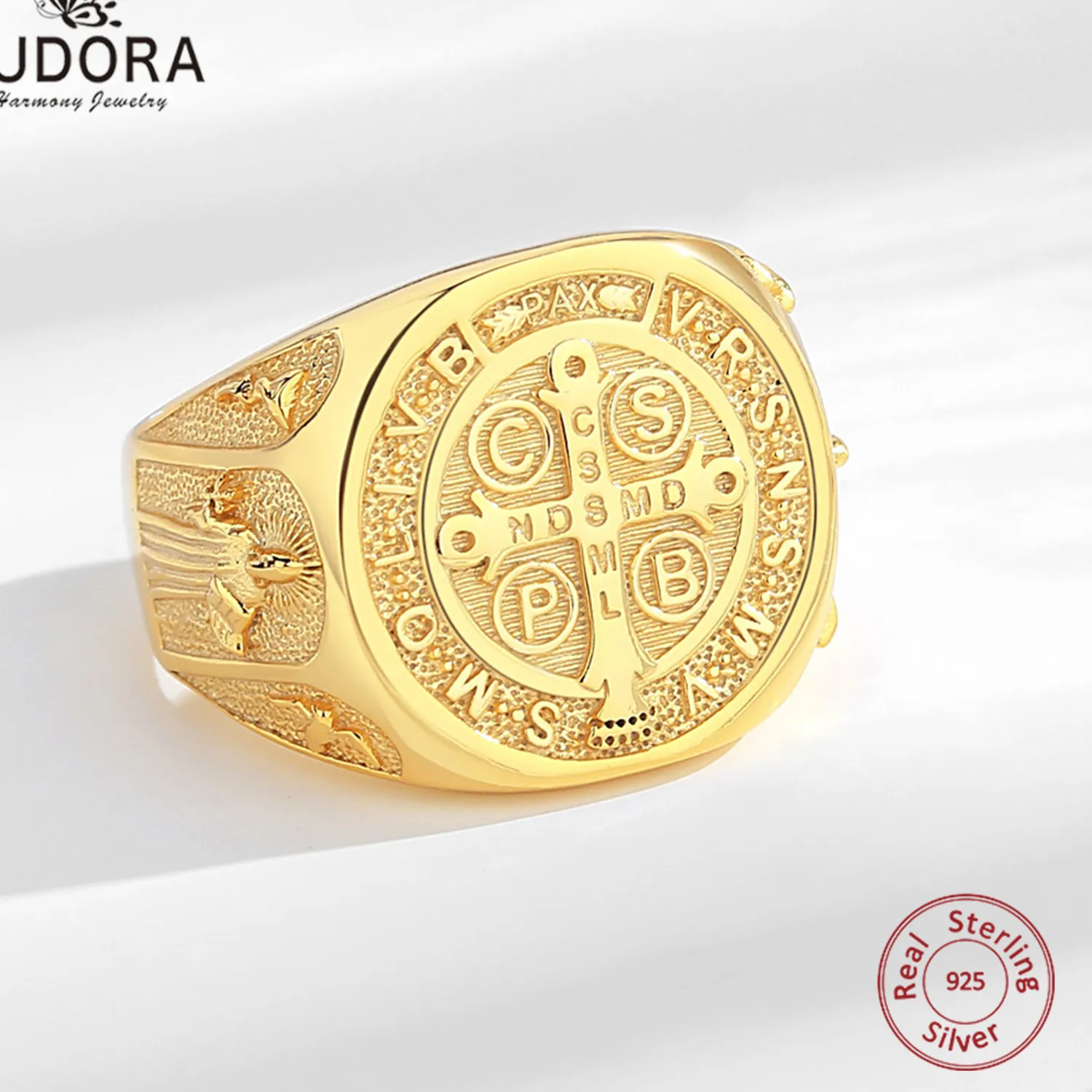 Authentic Eudora 925 Sterling Silver Saint Benedict Medal Adjustable Ring San Benedict Cross Amulet Ring Religious Jewelry for Men