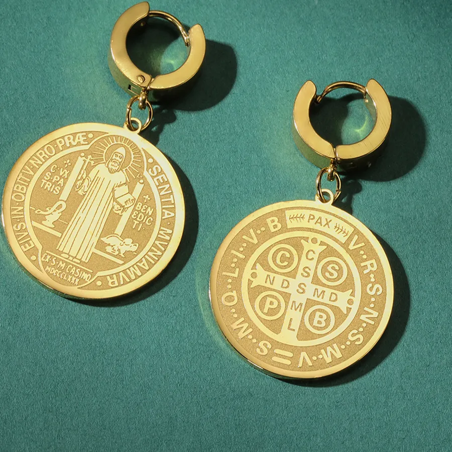 Authentic Dawapara Saint Benedict Medal Earrings Double Side Engraved Exorcism Cross Prayer Catholic Amulet Michaelmas