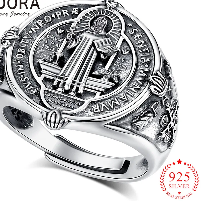 Authentic Eudora 925 Sterling Silver Saint Benedict Ring San Benito Medal Adjustable Ring Catholic Jewelry Religious for Men Women