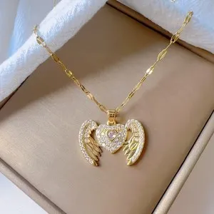 Authentic Women's 18K Gold Plated Cubic Zirconia Heart Shaped Wings Pendant Necklace