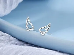 Authentic Whispers of the Celestial: Tiny Angel Wing Stud Earrings in Radiant White Gold