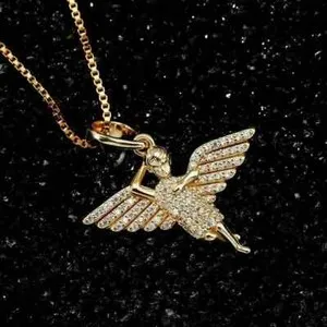 Authentic 1Ct Lab Created Diamond Round Angel Wings Pendant 14k Yellow Gold Plated 16" Cha
