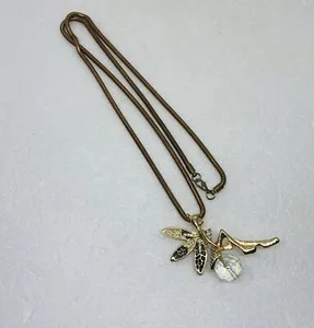 Authentic Vintage Gold Plated Fairy Pendant Neckalce Crystal Rhinestone Wings 24” Decor 18