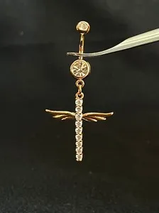 Authentic 1pc CZ Gem Winged Cross Belly Button Ring Pierced Navel Gold Plated Wings Naval