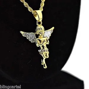 Authentic 14K Gold Plated Micro Angel Cherub Stardust Wings Simulated CZ Rope Chain 24"