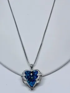 Authentic White Gold Plated Heart Necklace Angel Wings Sparkling Blue Crystal Stone