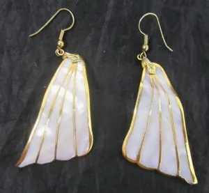 Authentic Gold Plated Mother of Pearl Fairy Wings Earrings White Rose Shell Butterfly Wing