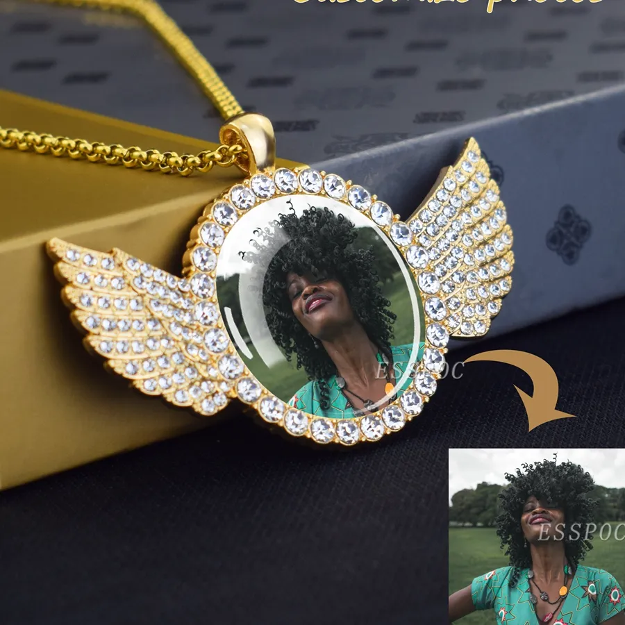 Authentic DHQH Customized Picture Necklace Personalized Photo Angel Wings Water Diamond Pendant Necklace Creative Hip Hop Jewelry