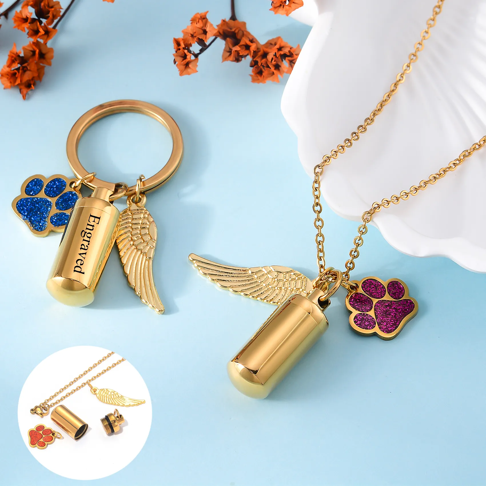 Authentic Personalized Cylinder Urn Necklace With Wings Pet Paw Pendant For human Pet Memorial Jewelry Keychain