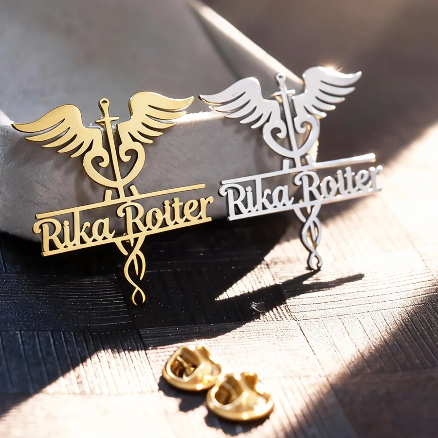 Authentic Personalized Celestial Serpent Caduceus Brooch – A Healing Winged Scepter for Healers