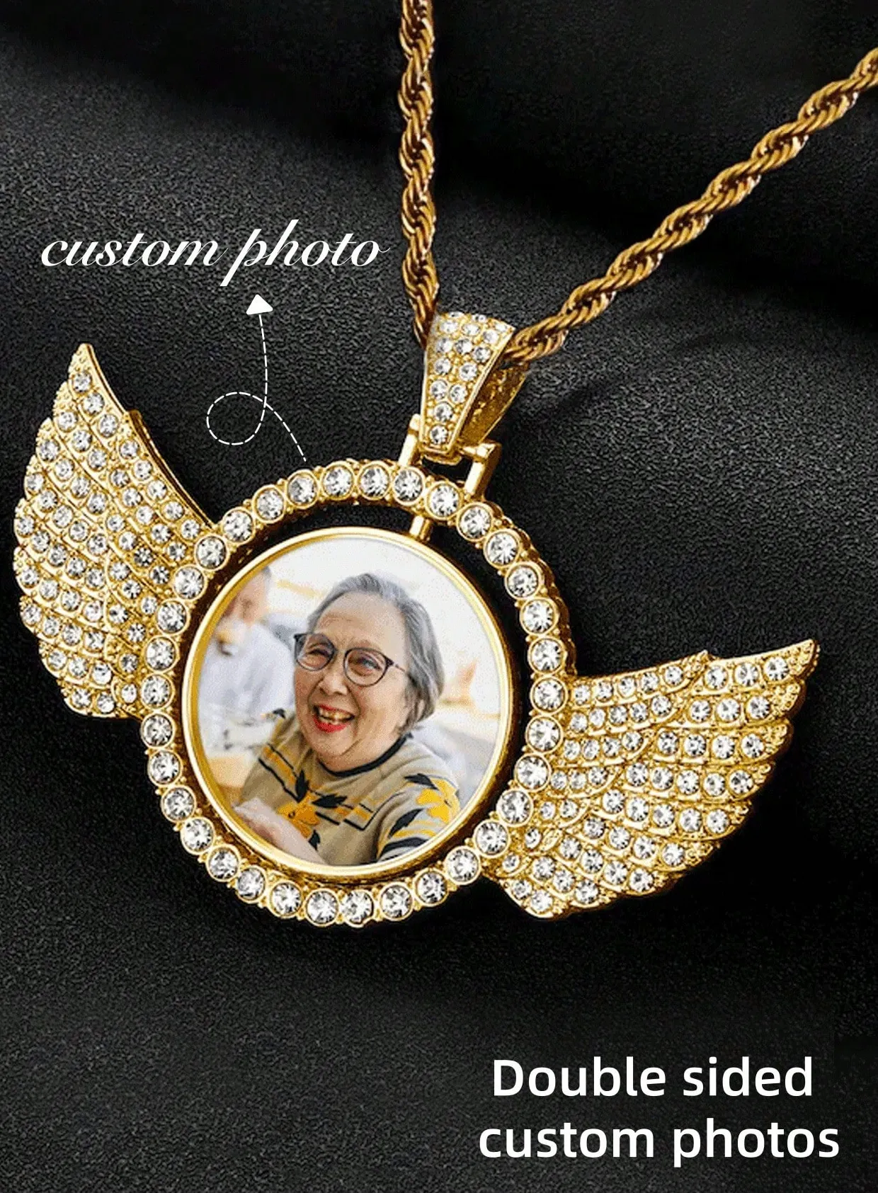 Authentic 1 Personalized Photo Pendant Necklace, Custom Picture Angel Wing Pendant Necklace, Sequin Gold And Silver