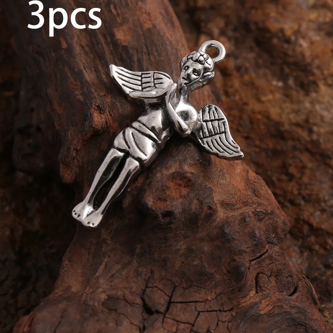 Authentic 3-Piece Set of 3D Praying Angel Charms, Vintage Distressed Vertical Stripe Wing Design, Suitable for DIY Bracelets, Necklaces, and Earrings, Handmade Beaded Decorative Accessories