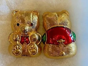 Authentic Vtg. Judith Leiber 18k Gold Plated Enamel Teddy Bear Brooches