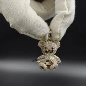 Authentic Men's Tiny Teddy Bear Pendant In Natural Diamond 14k White Gold Plated Silver