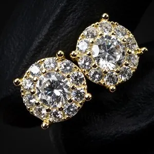 Authentic 14K Gold Plated Men's Circle Hip Hop Iced Cz Cluster Hip Hop Round Stud Earrings