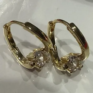 Authentic Gold Plated Huggie Hoop Earrings Clear Round CZ Prong Set Hinged Closure