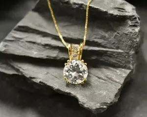 Authentic 14K Yellow Gold Plated Round Lab Created Diamond Women's Fancy Pendent Necklace