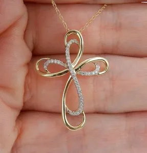Authentic 1.50Ct Round Simulated Diamond Jesus Cross Pendant Chain 14k Yellow Gold Plated