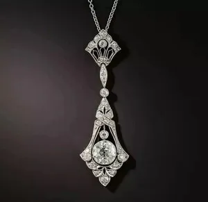 Authentic Art Deco Moissanite Radiance Pendant - 14K White Gold Plated Celestial Amulet