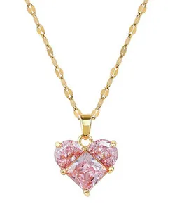 Authentic Heart Pendant Necklace Titanium Gold Plated Pink Zircon Elegant