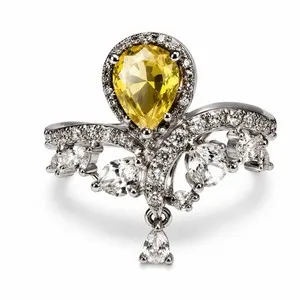 Authentic Elegant Adjustable Ring with Yellow Pear Stone | White Gold Plated | Box