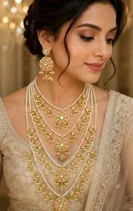 Authentic Elegant Gold Plated Multi Layer Pearl Necklace Set with Earrings Of Beauty.