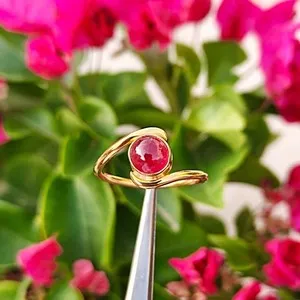 Authentic Elegant Ruby Ring, Round Cabochon Gemstone, Gold Plated 925 Sterling Silver