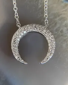 Authentic Celestial Crescent Half Moon Moissanite Talisman - 14K White Gold Plated Lunar Energy Amulet