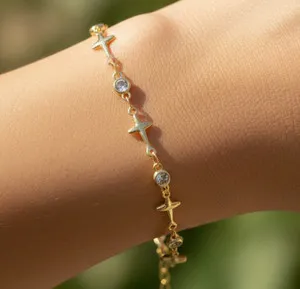Authentic Elegant Gold Plated Star & Stone Chain Bracelet Handmade Minimalist Designer
