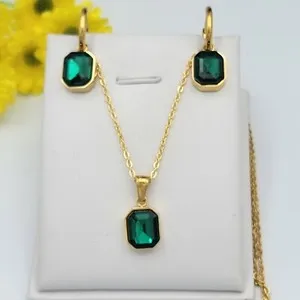 Authentic 24K Gold Plated Elegant Green Crystal Necklace & Earrings Set
