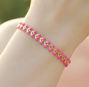 Authentic 18K Gold Plated Pink Leaf Designer Bracelet Elegant Gold Tone Bracelet