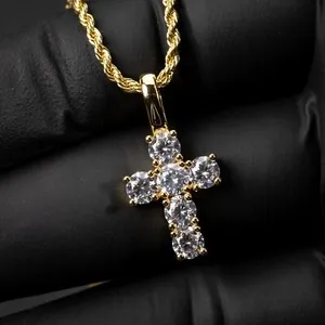 Authentic Mini Micro Elegant Yellow Gold Plated Iced Pointer Cross Pendant Necklace